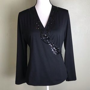 Jones New York Black Sequin Design Cross Over Top